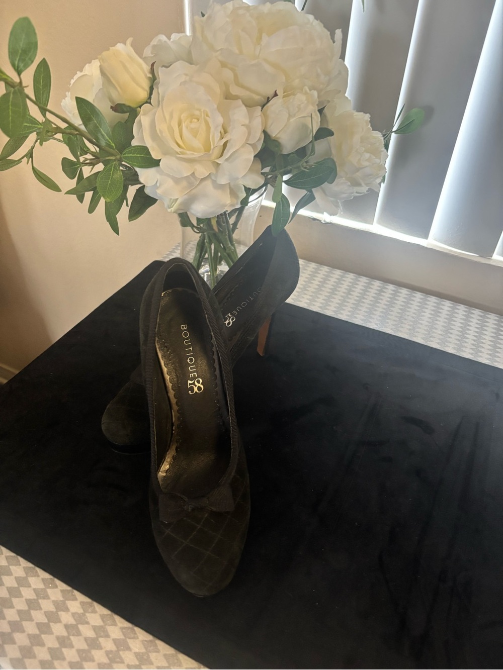 Black Suede Bow Heel Pumps